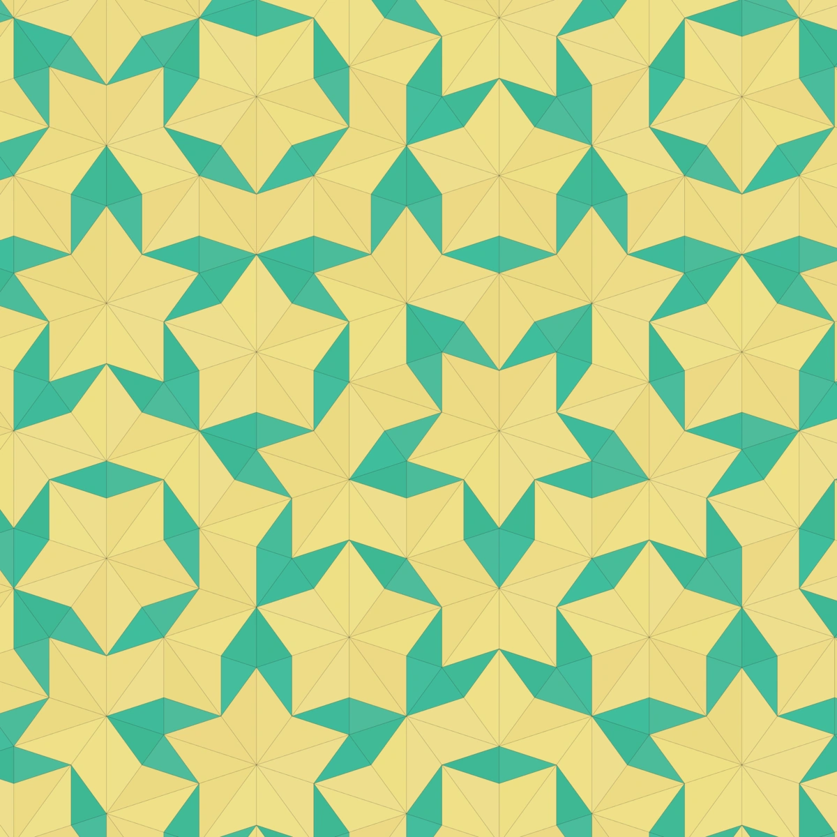 Yellow and green Penrose triangles forming stars and polygons.